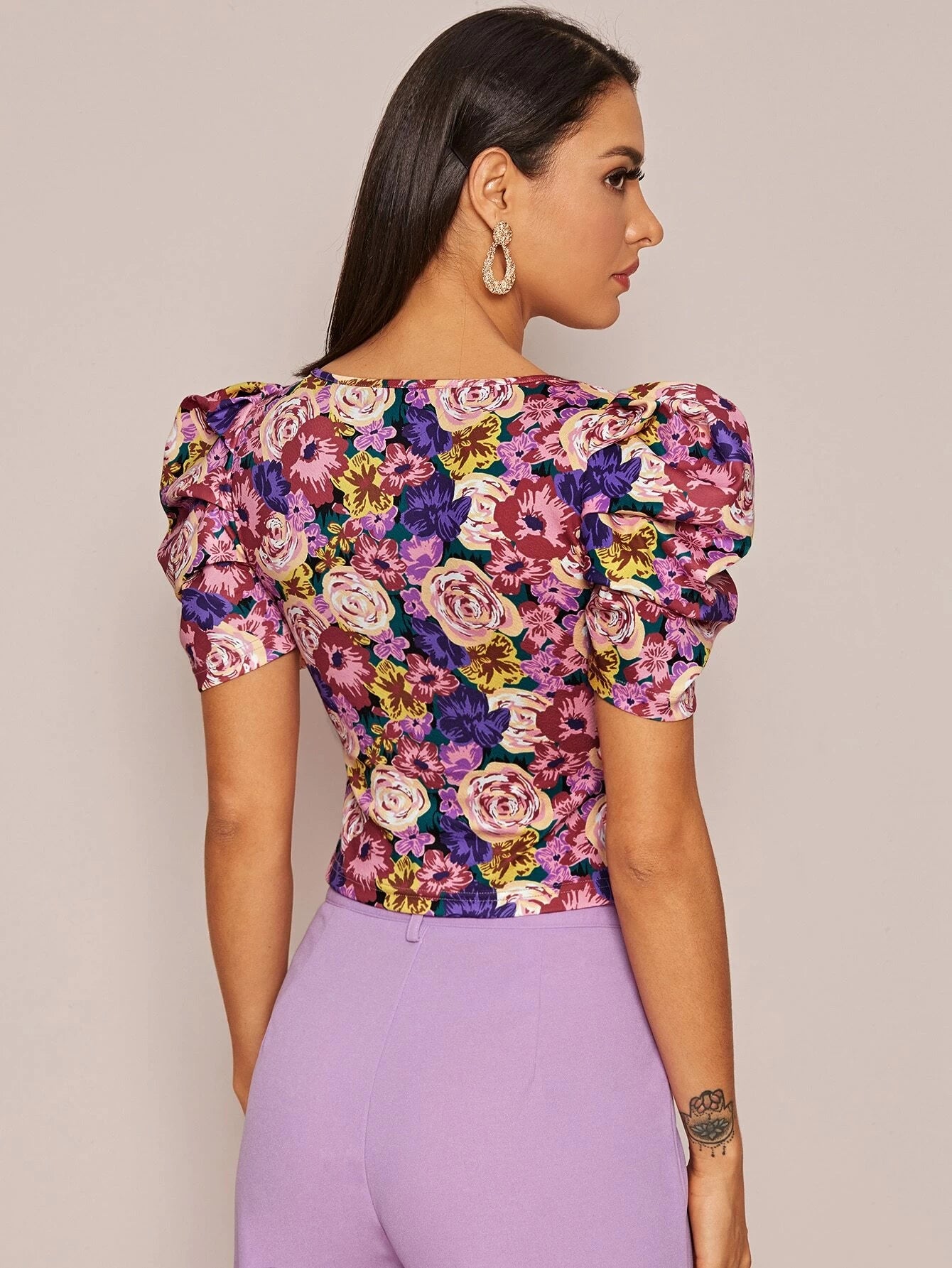 Privé Square Neck Puff Sleeve Floral Print Top shein