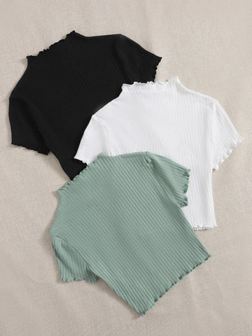 EZwear 3pcs Raw Edge Stand Collar T-Shirts shein