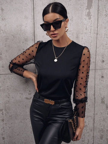 Privé Dobby Mesh Panel Blouse shein