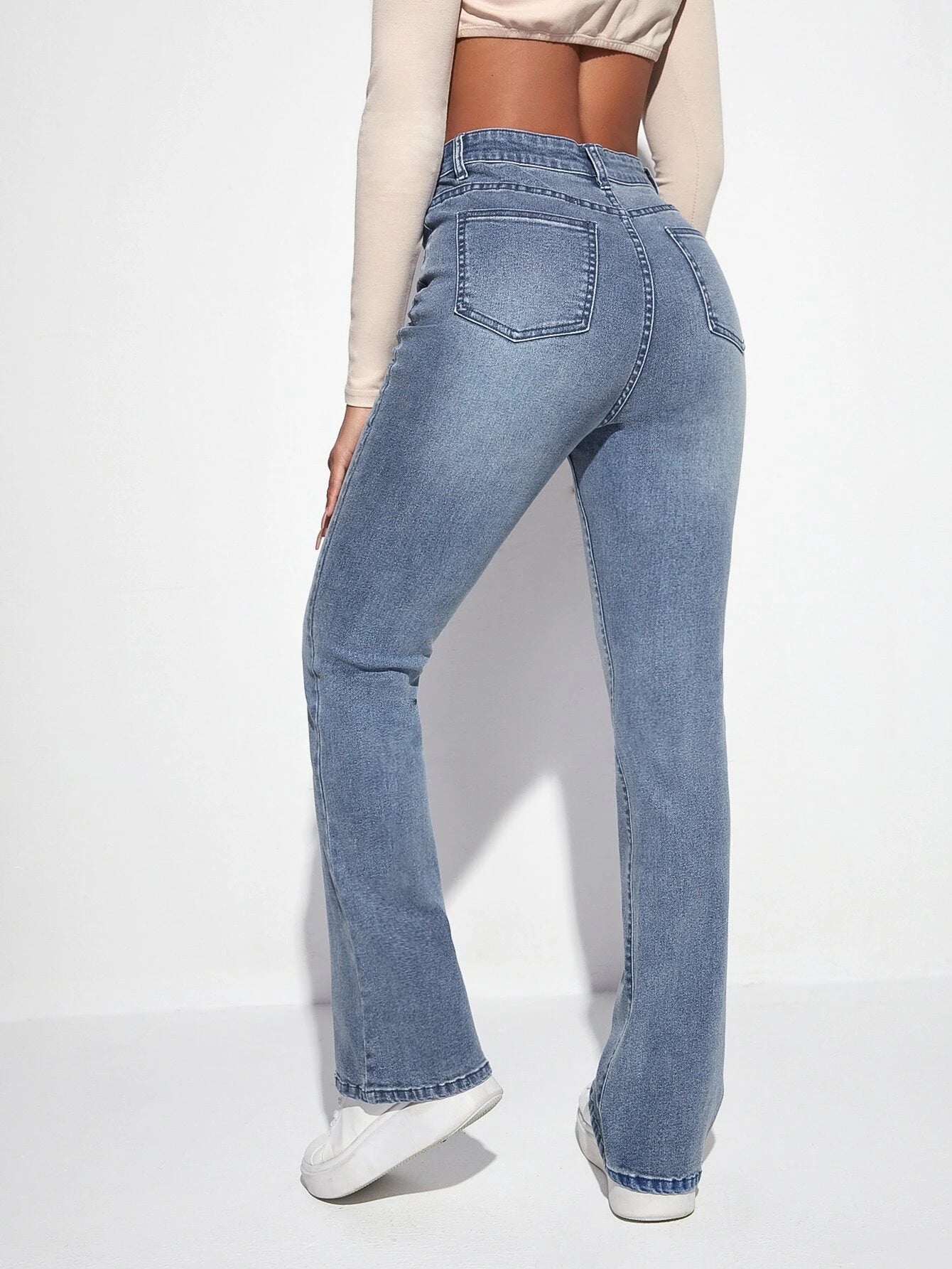 EZwear High Waist Bleach Wash Flare Leg Jeans shein