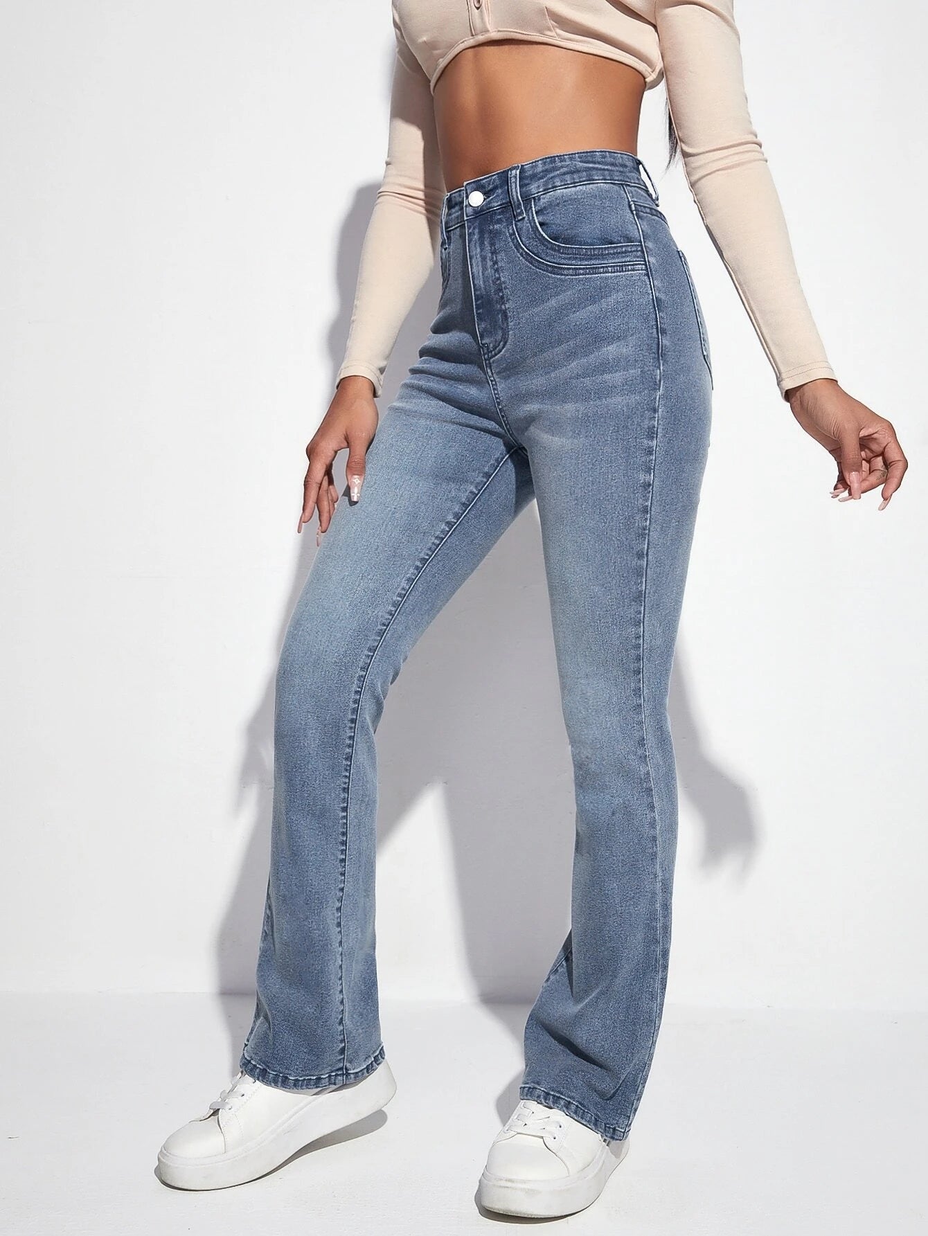 EZwear High Waist Bleach Wash Flare Leg Jeans shein