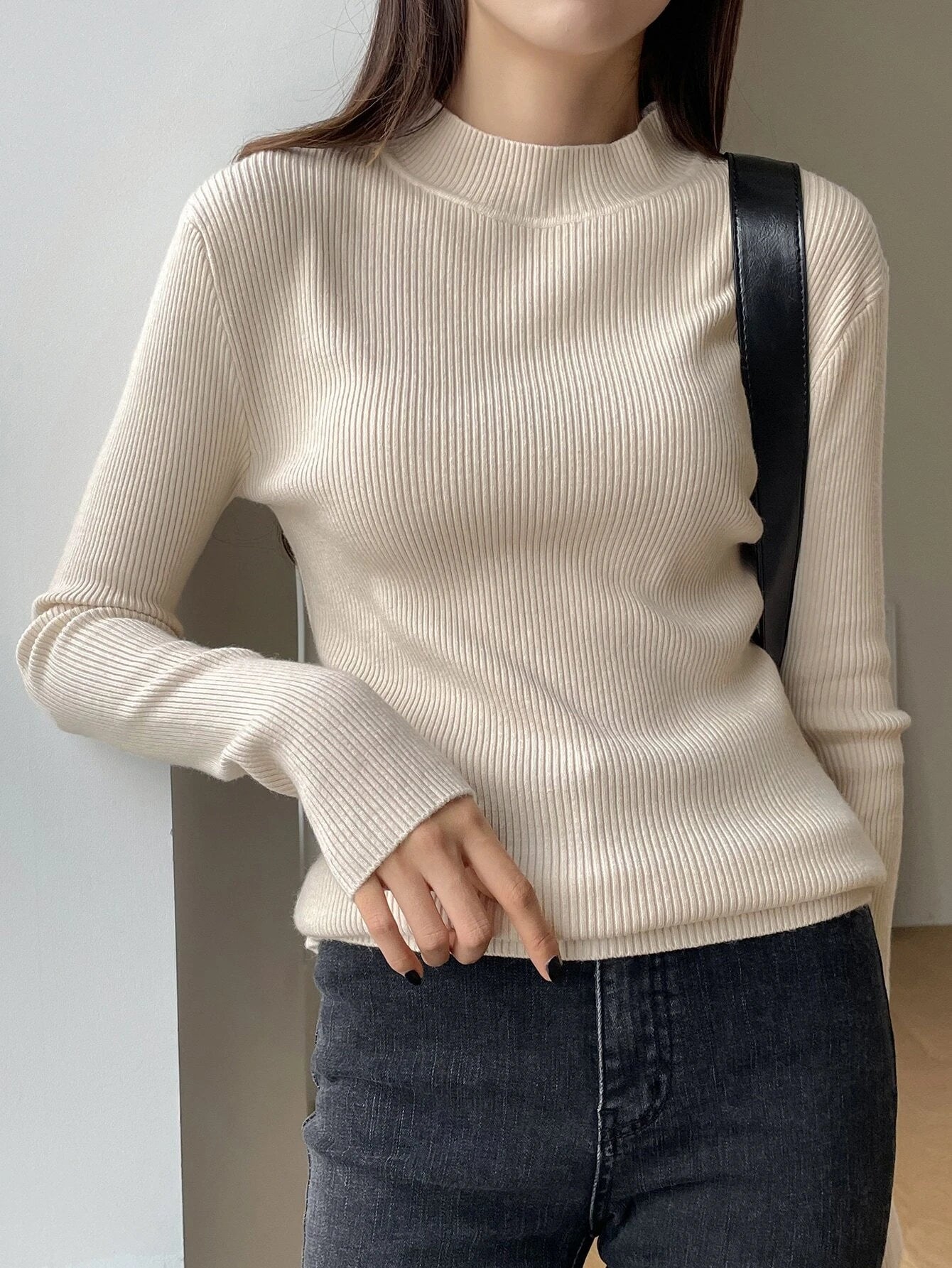 DAZY Autumn/Winter Business Casual Solid Color Stand Collar Slim Fit Sweater shein