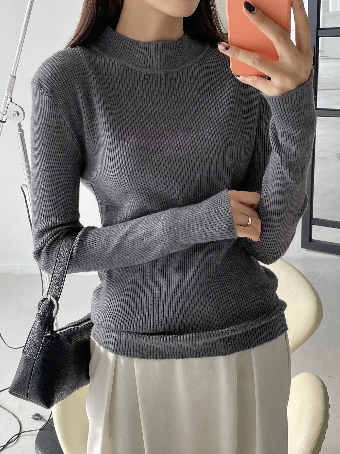 DAZY Autumn/Winter Business Casual Solid Color Stand Collar Slim Fit Sweater shein