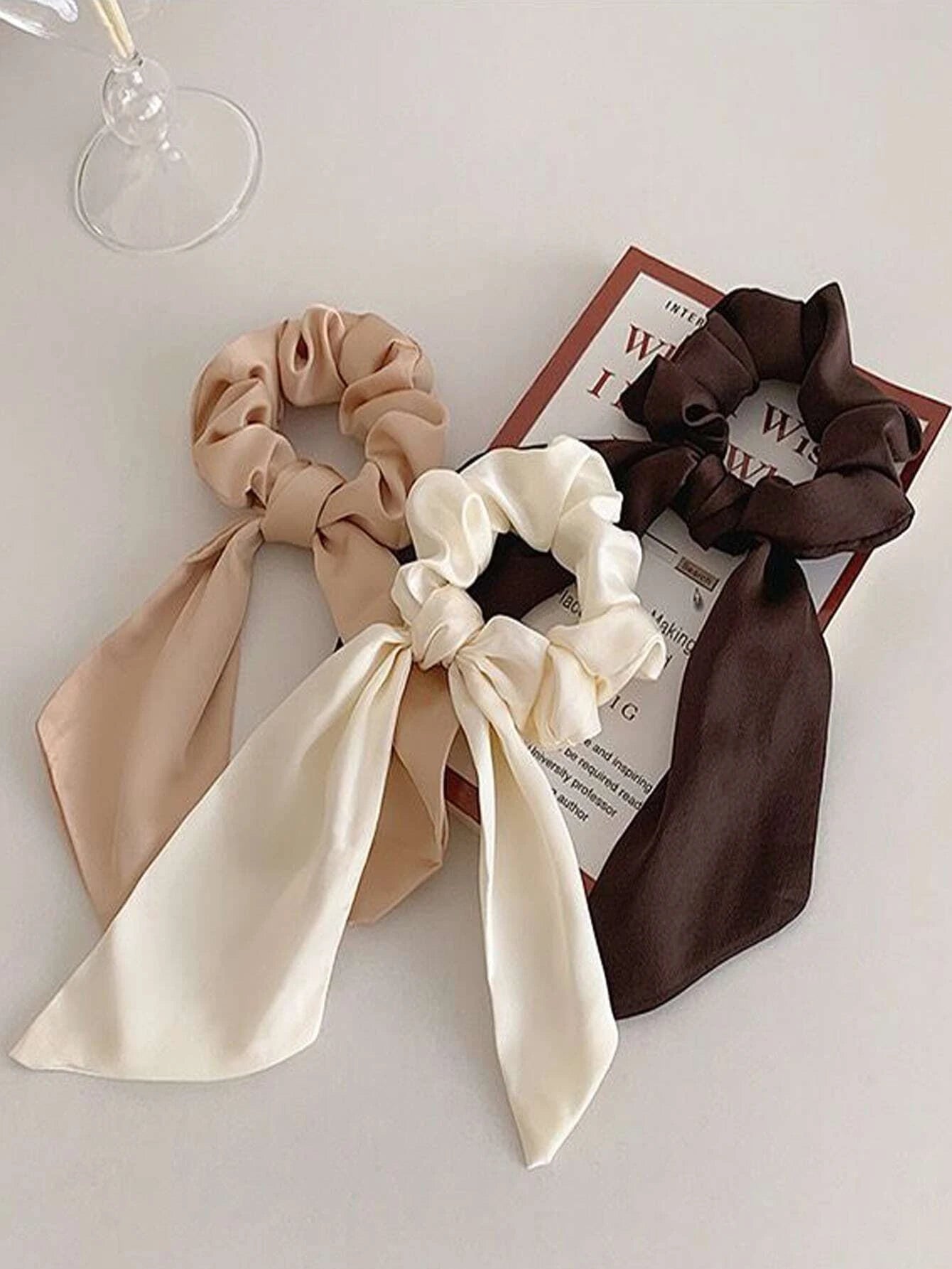 3pcs Ladies' Black, Khaki, Coffee Satin Ribbon Headband & Hair Ties; Fashionable, Versatile, Elegant shein