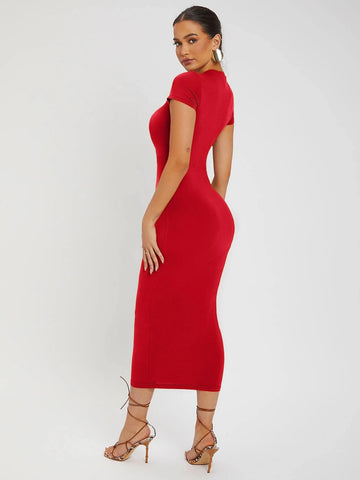 SXY Solid Round Neck Bodycon Dress shein