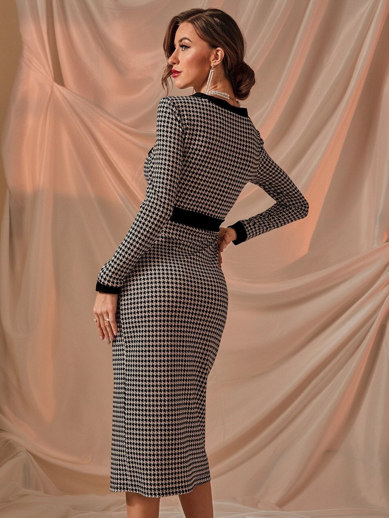 Modely Houndstooth Single Breasted Dress shein