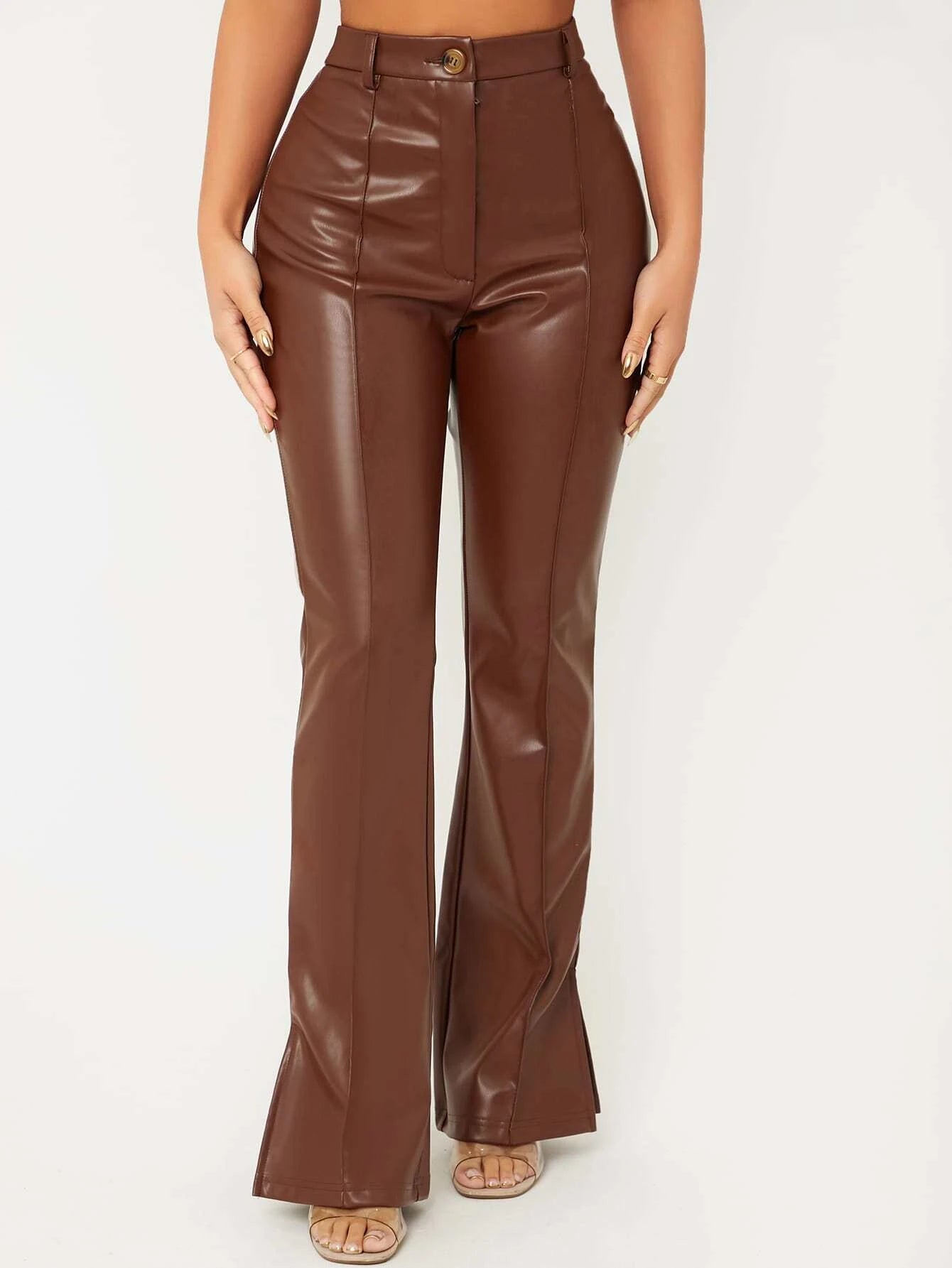 SXY Split Hem PU Leather Flare Leg Pants shein