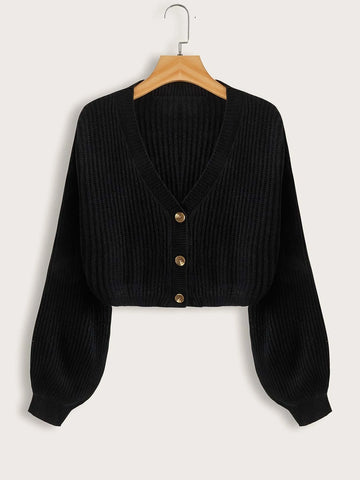 EZwear Lantern Sleeve Button Front Rib Knit Cardigan