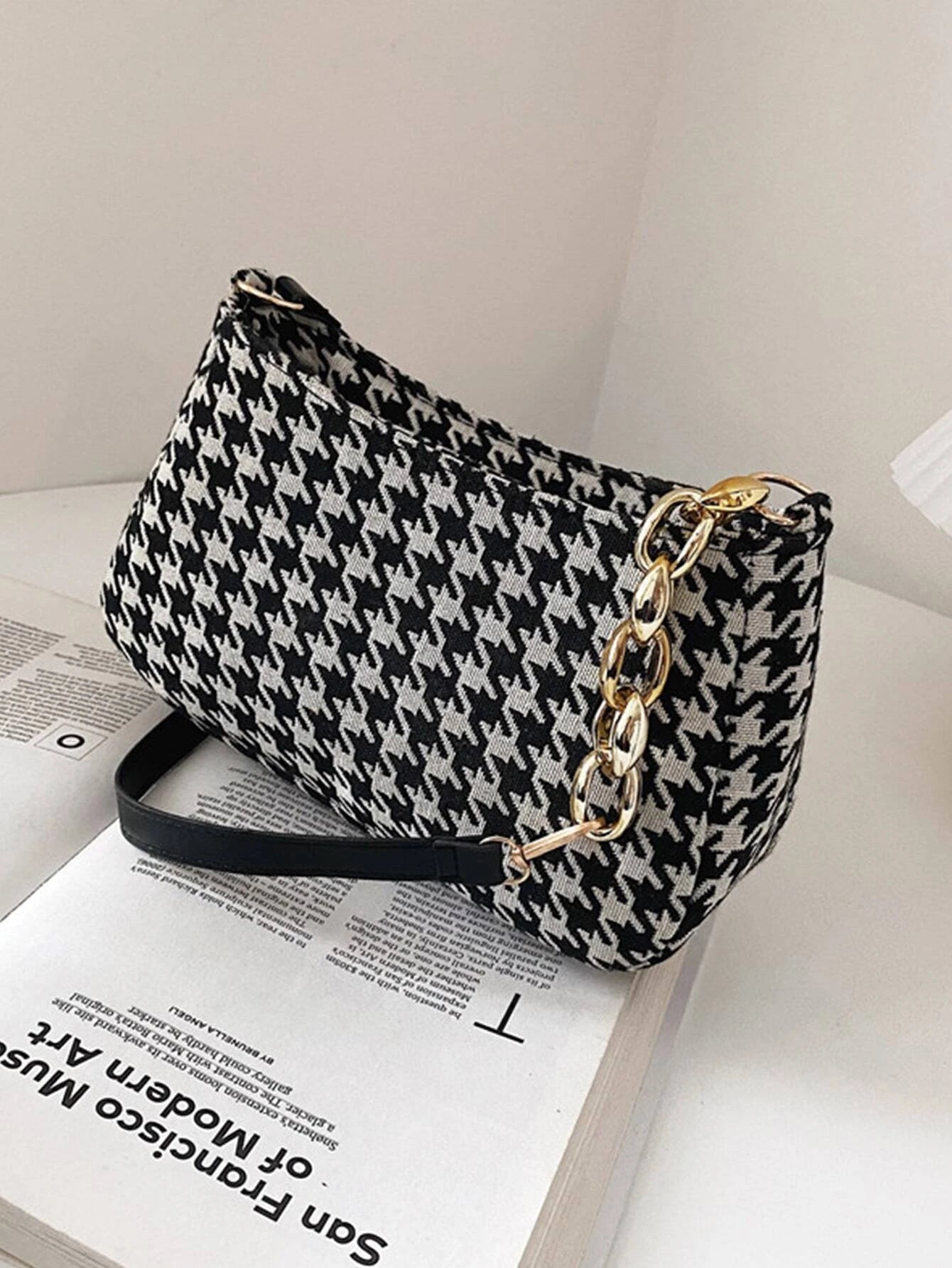 Houndstooth Pattern Bag Retro Polka Dot Print Handbag Envelope Crossbody Bag shein