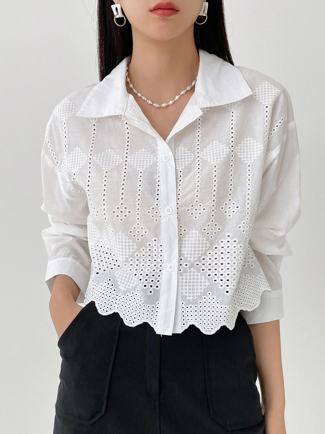 Dazy-Less Eyelet Embroidery Scallop Trim Shirt shein