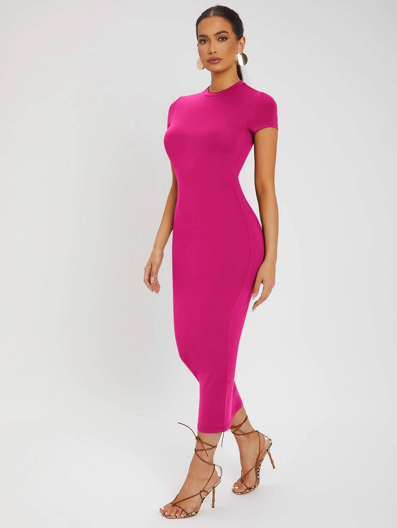 SXY Solid Round Neck Bodycon Dress shein