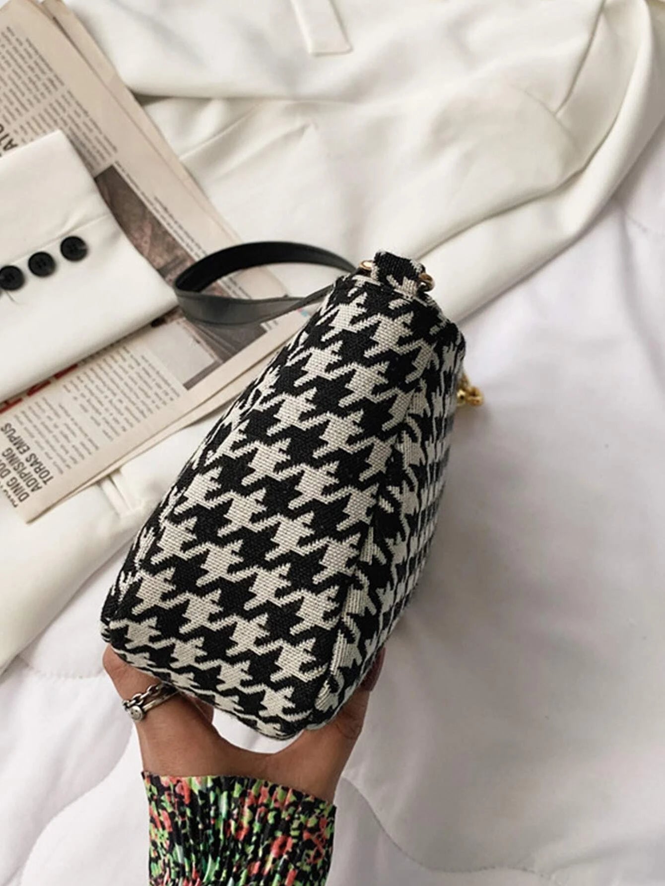 Houndstooth Pattern Bag Retro Polka Dot Print Handbag Envelope Crossbody Bag shein