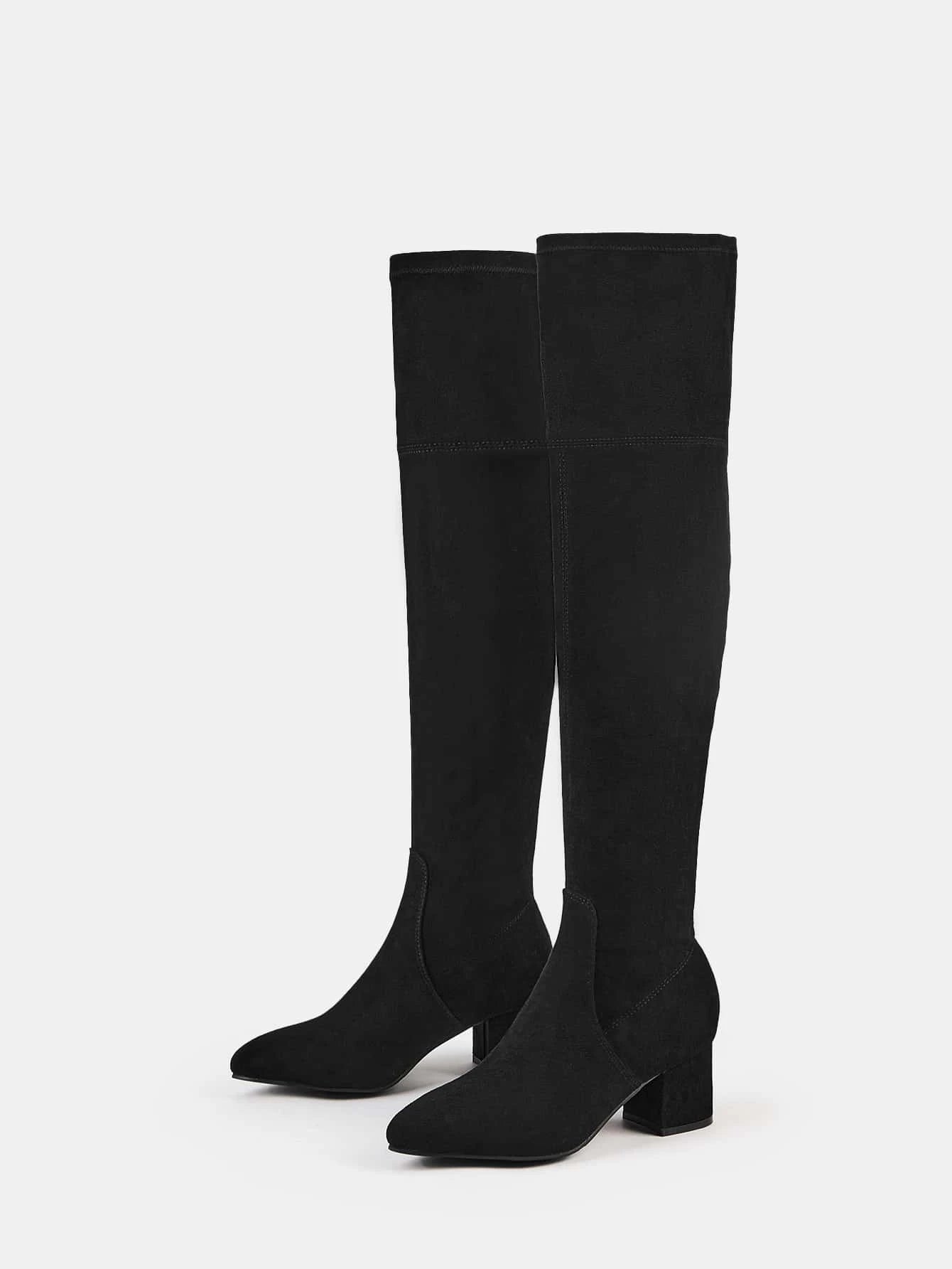 CUCCOO SZL Faux Suede Point Toe Chunky Heeled Sock Boots shein