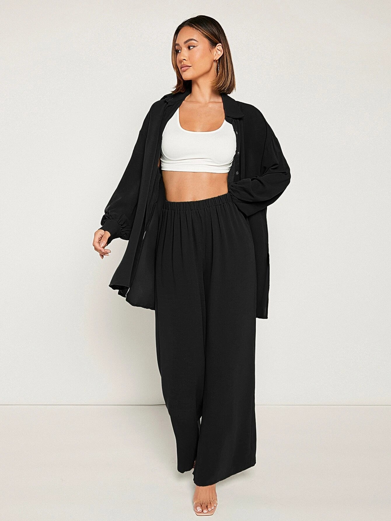 Frenchy Drop Shoulder Button Front Shirt & Wide Leg Pants shein