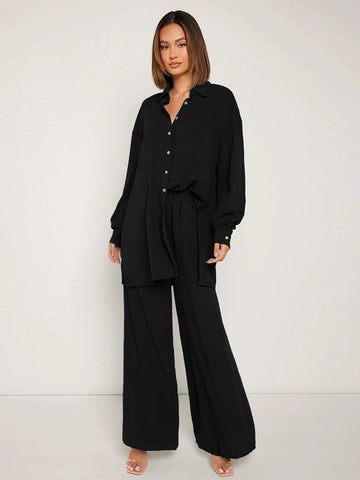 Frenchy Drop Shoulder Button Front Shirt & Wide Leg Pants shein