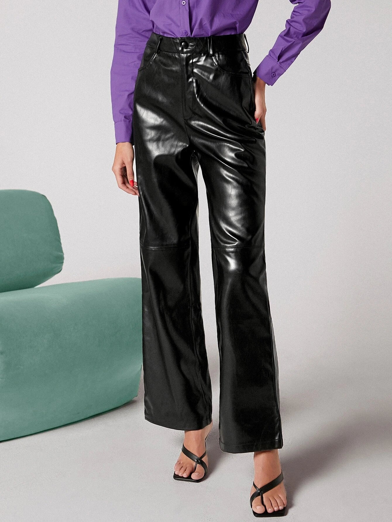 BIZwear Zipper Fly Palazzo PU Pants Workwear shein