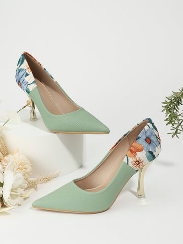 Floral Pattern Point Toe Court Pumps shein