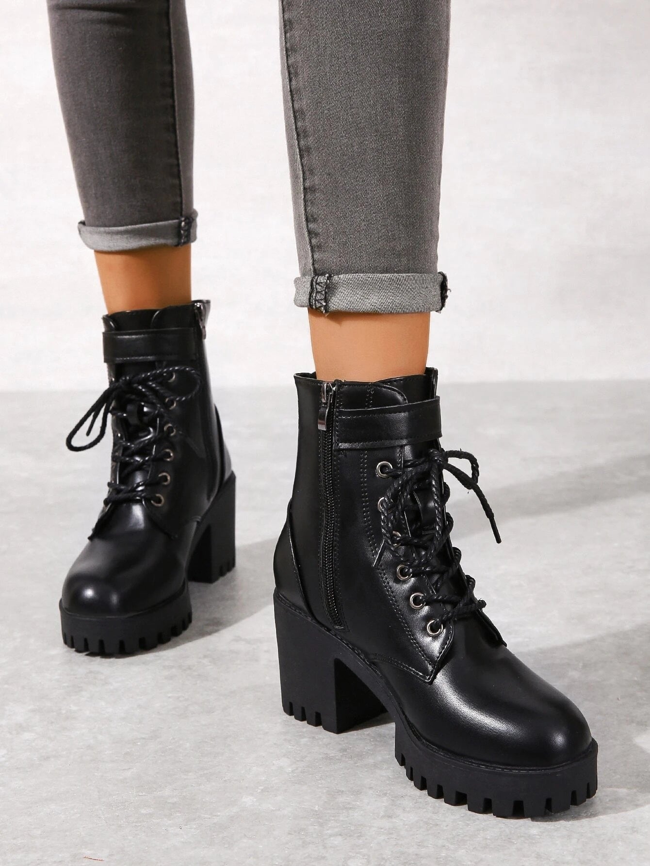 Punk Style Boots With Buckle Decoration, Side Zipper & Lace Up Design shein