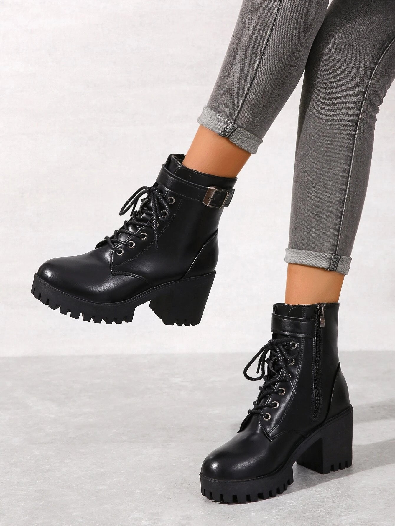 Punk Style Boots With Buckle Decoration, Side Zipper & Lace Up Design shein