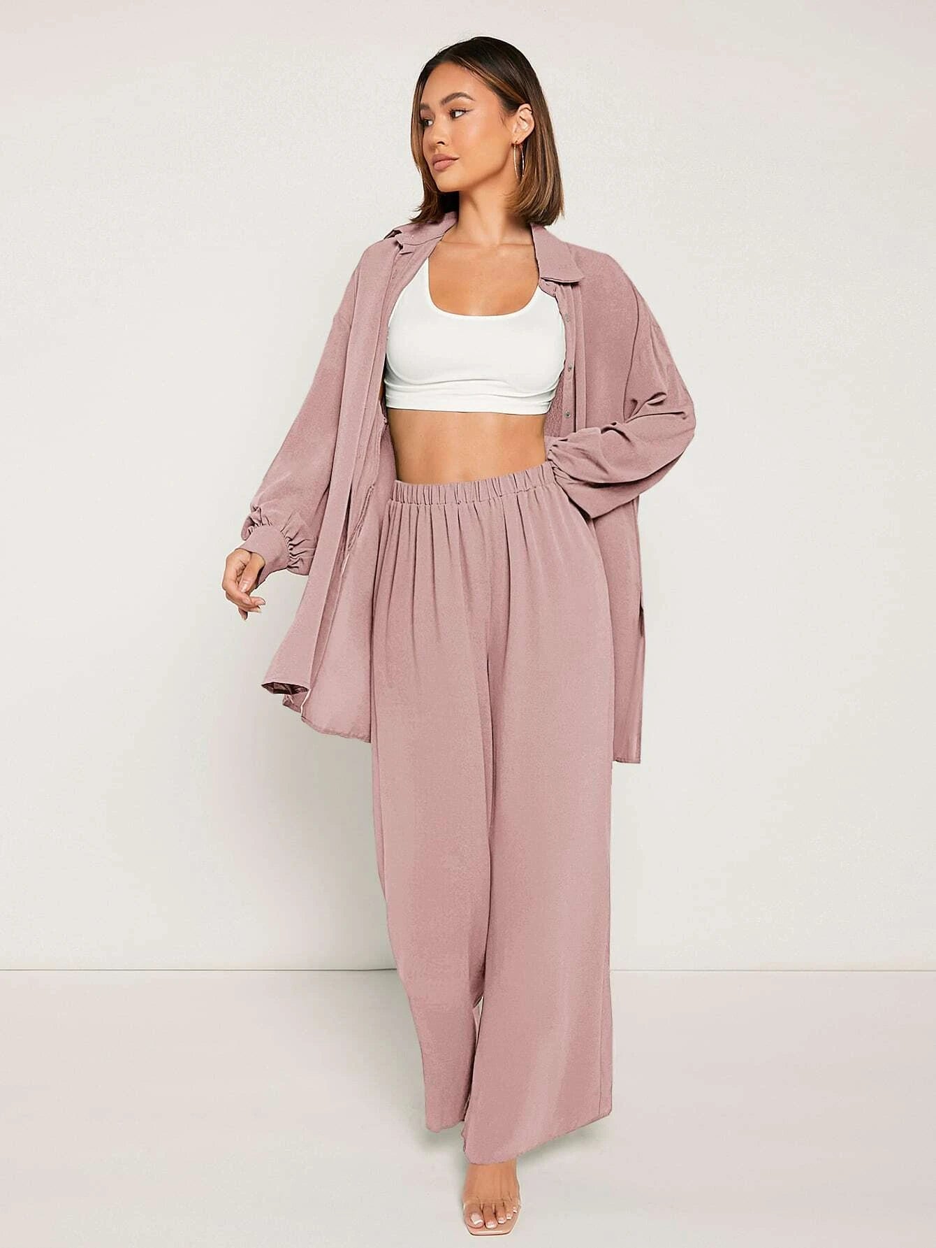 Frenchy Drop Shoulder Button Front Shirt & Wide Leg Pants shein