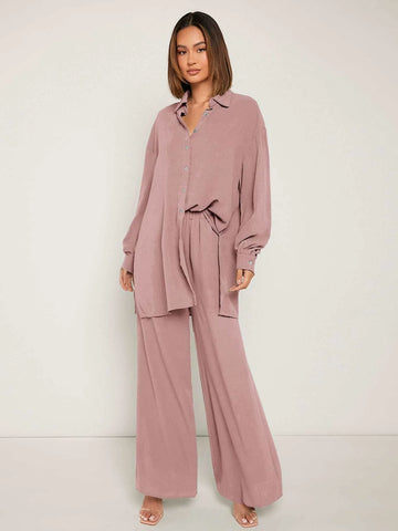 Frenchy Drop Shoulder Button Front Shirt & Wide Leg Pants shein