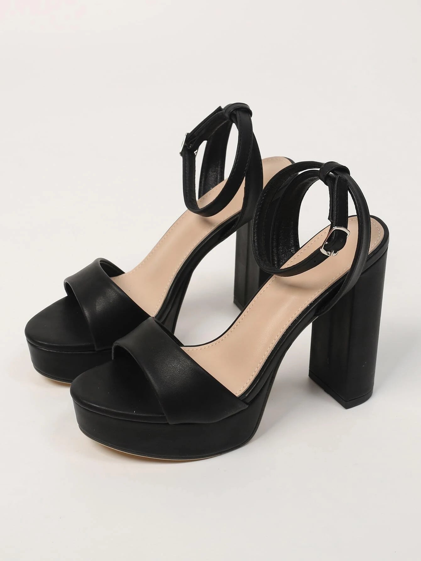 Women Black Buckle Decor Platform Sandals, Open Toe Chunky Heel Ankle Strap Sandals shein