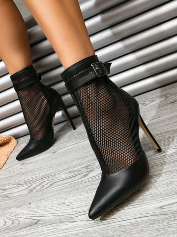 Sexy Hollow Out Buckle Decor Pointed Toe Stiletto Classic Boots Monochrome Women's Fashion Boots shein