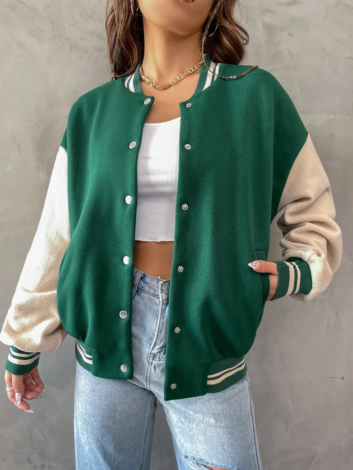 Carly Lawrence SHEIN MOOSTA Figure & Letter Graphic Drop Shoulder Two Tone Varsity Jacket shein