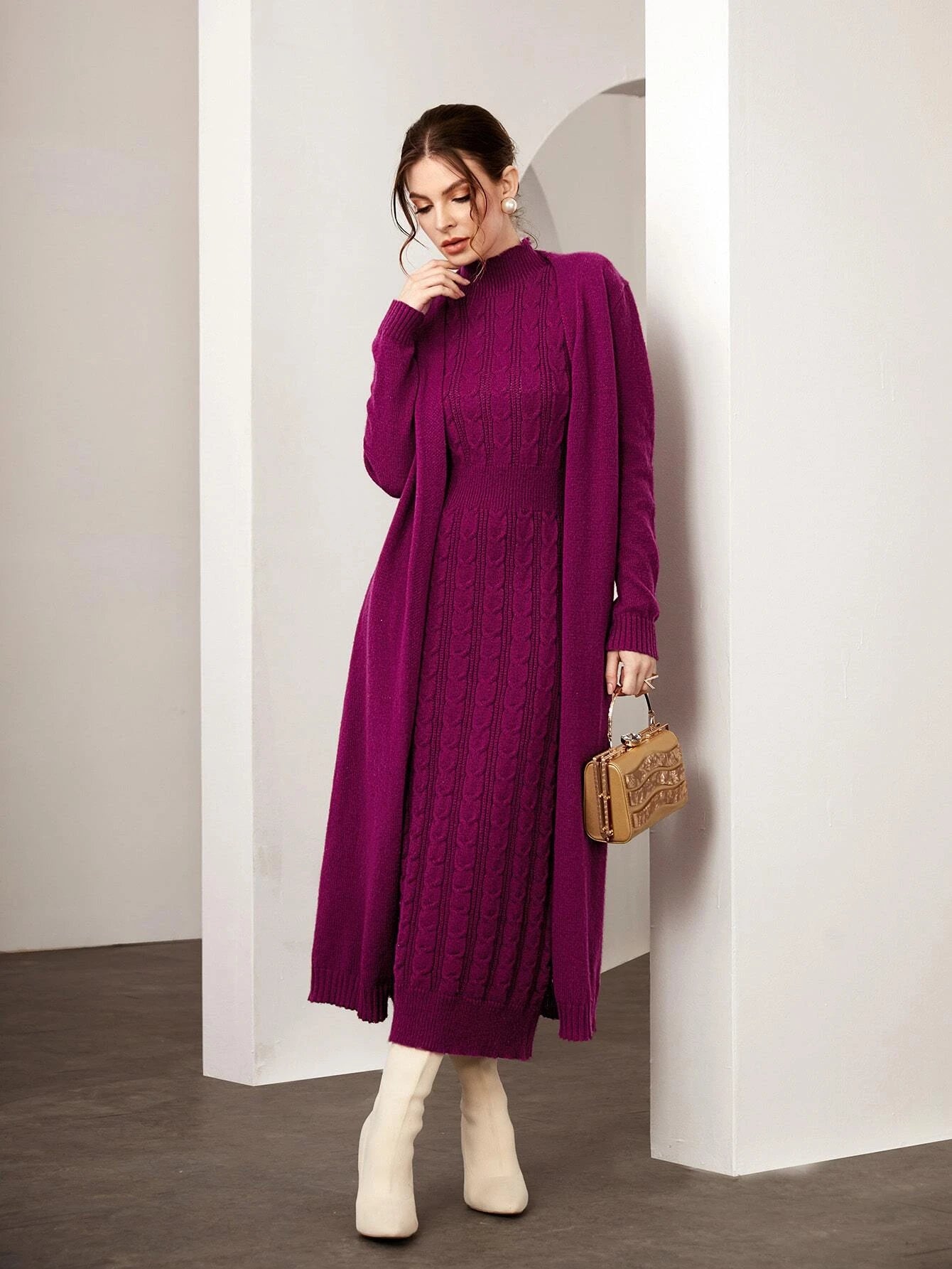 Modely Mock Neck Cable Knit Sweater Dress & Cardigan shein