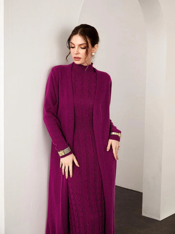 Modely Mock Neck Cable Knit Sweater Dress & Cardigan shein