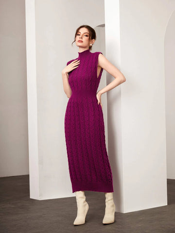 Modely Mock Neck Cable Knit Sweater Dress & Cardigan shein