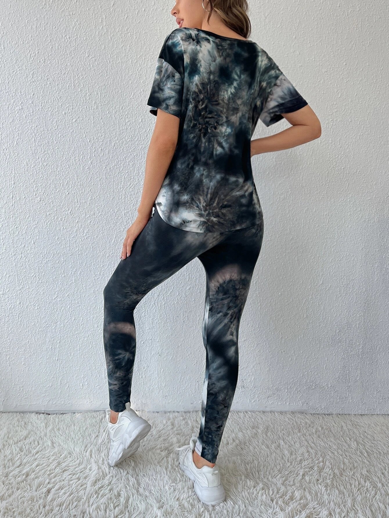 LUNE Tie Dye Drop Shoulder Top & Leggings Set shein