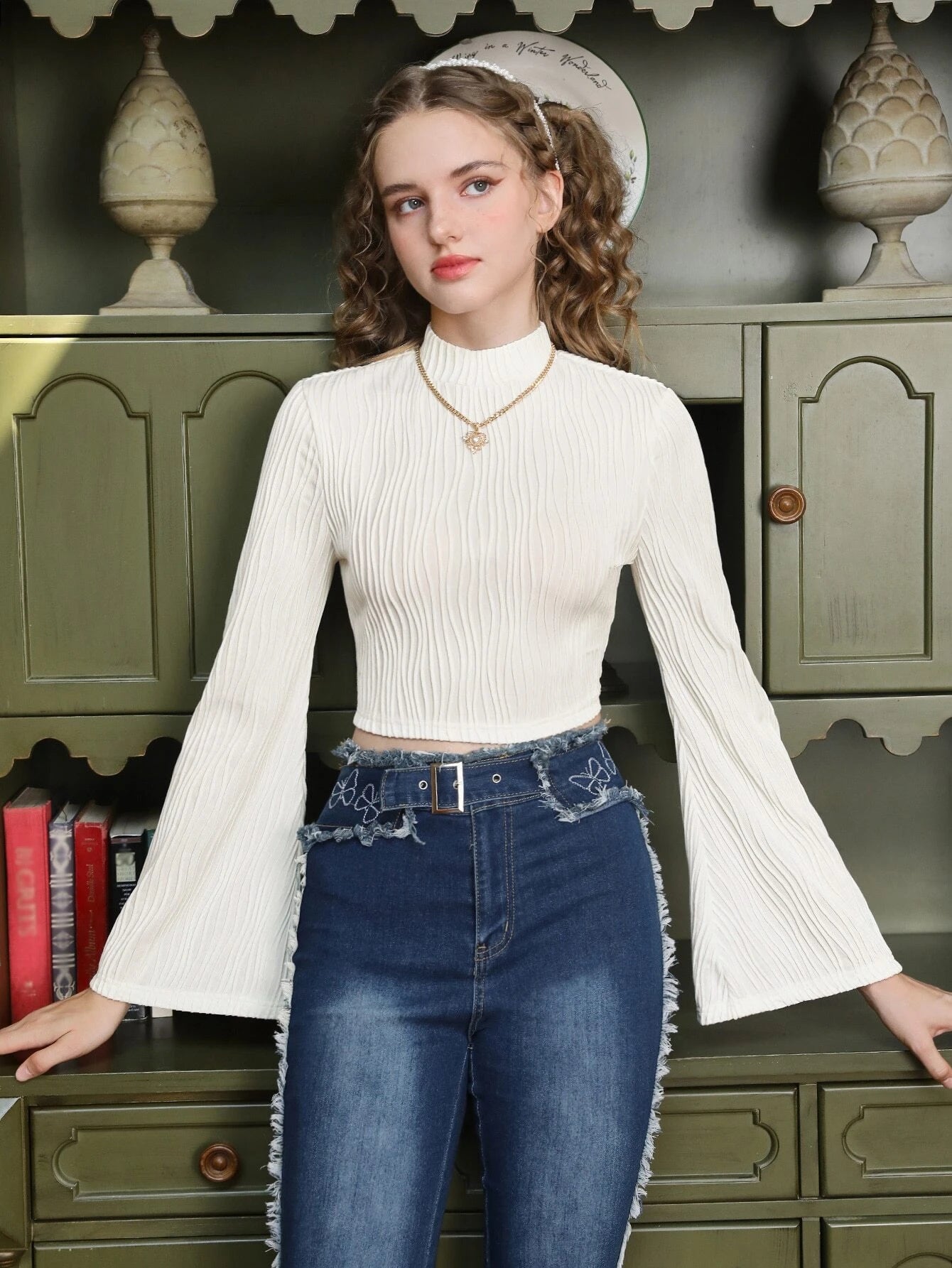 MOD Mock Neck Wave Jacquard Texture Long Bell Sleeve Crop Tee shein