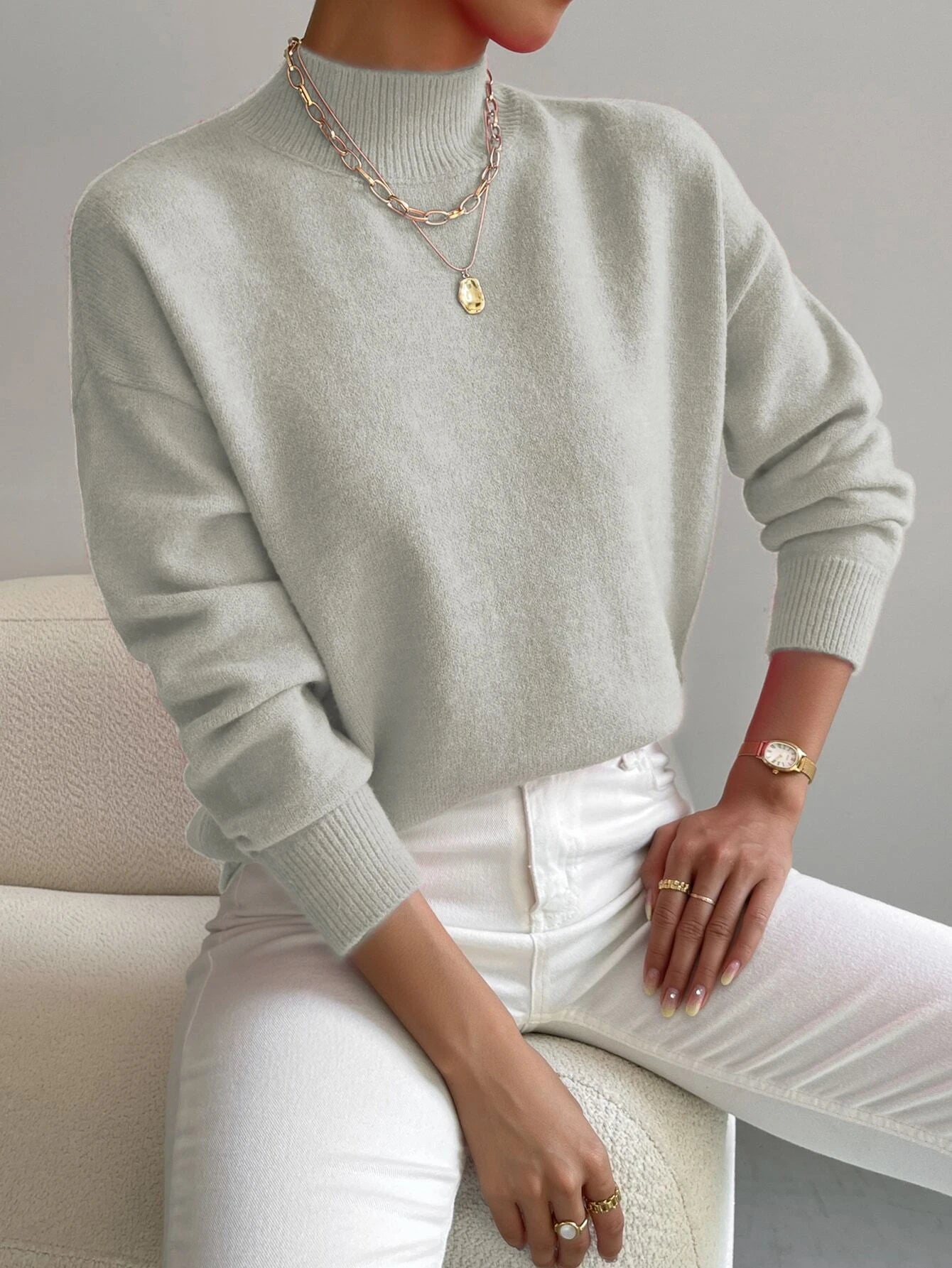 Essnce Mock Neck Drop Shoulder Sweater shein