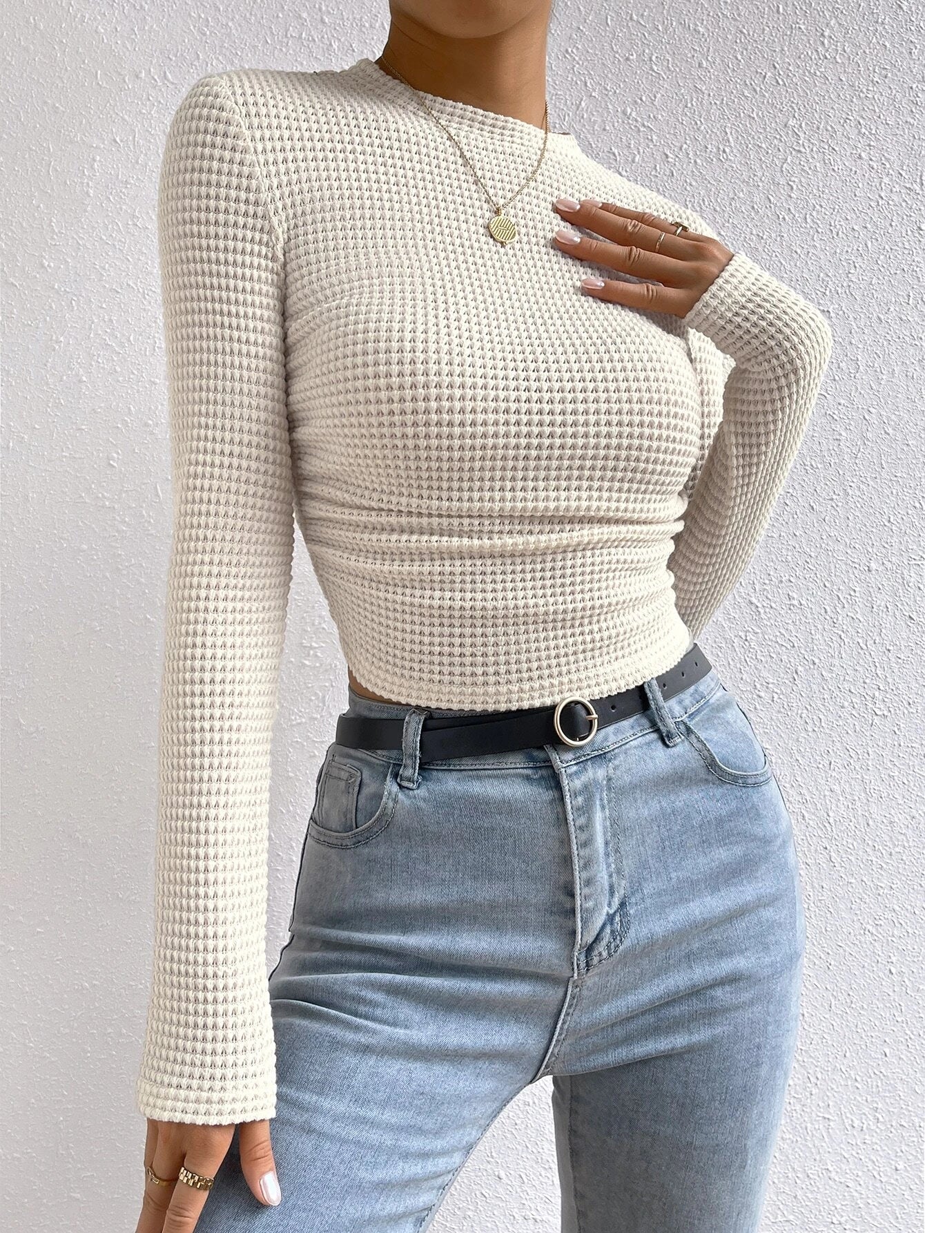 Essnce Solid Waffle Knit Crop Tee shein