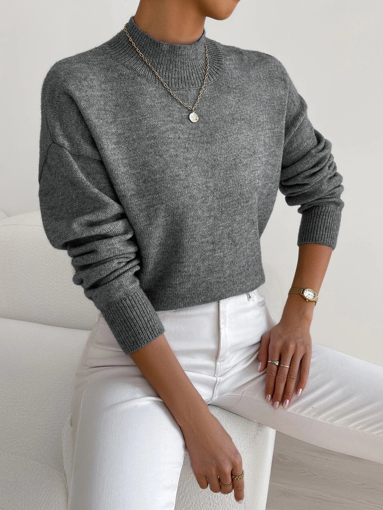 Essnce Mock Neck Drop Shoulder Sweater shein