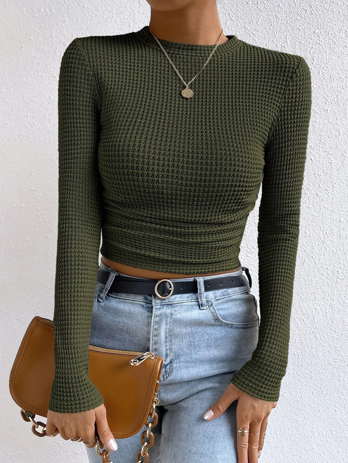 Essnce Solid Waffle Knit Crop Tee shein