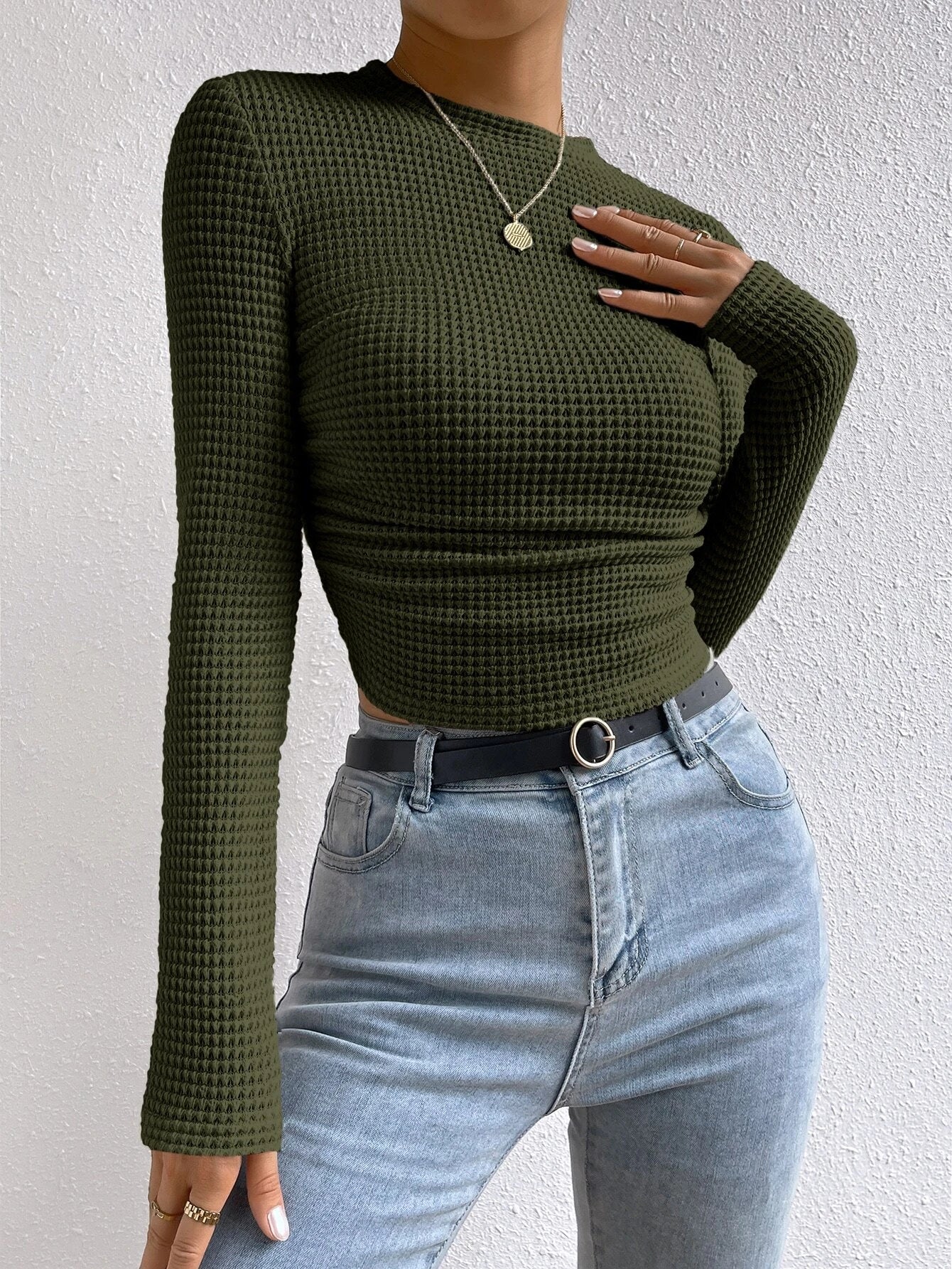 Essnce Solid Waffle Knit Crop Tee shein