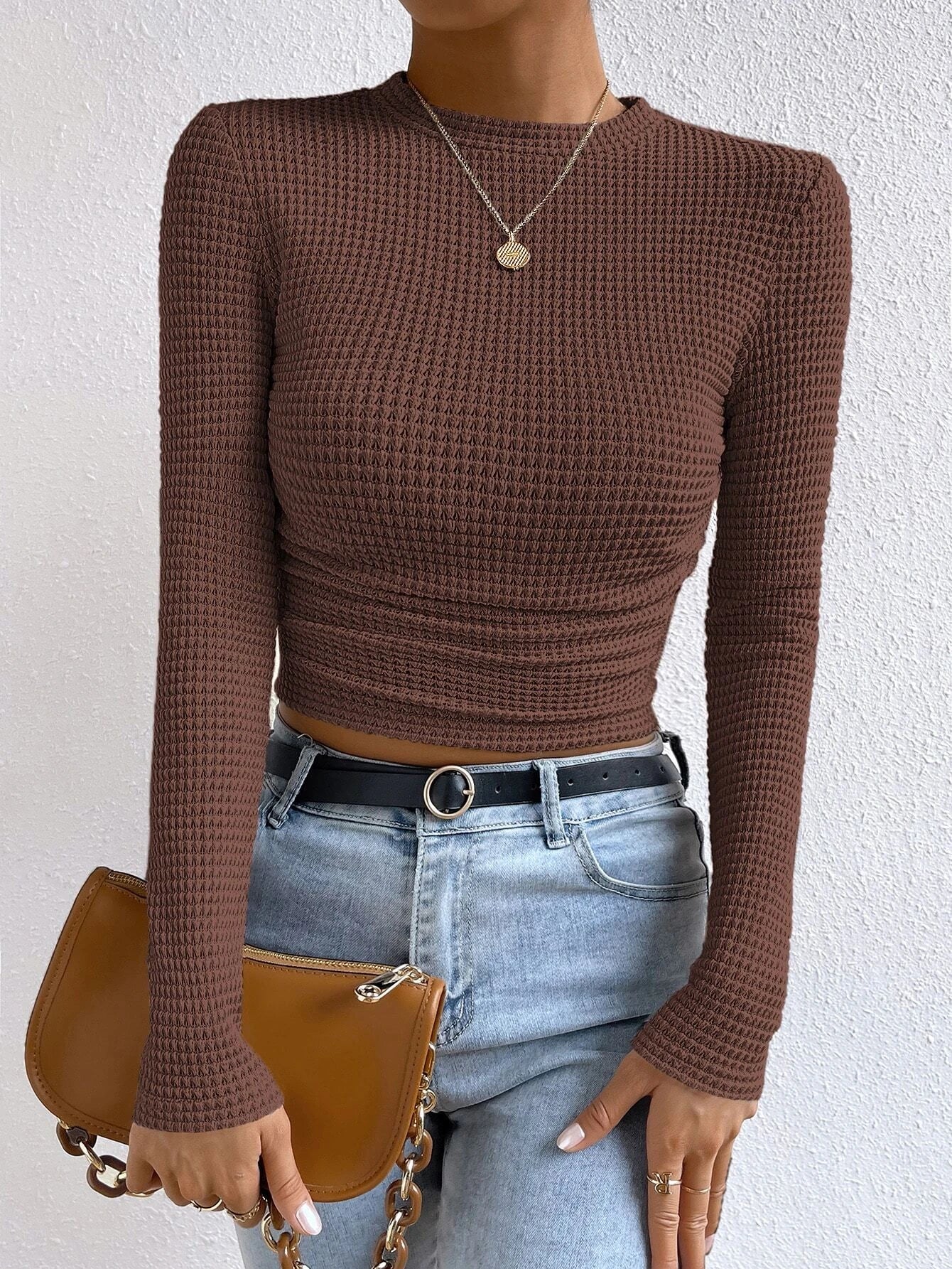 Essnce Solid Waffle Knit Crop Tee shein