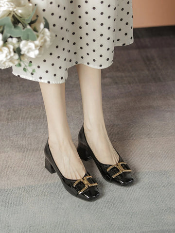 Chain Decor Square Toe Chunky Heeled Court Pumps, Black Elegant Pure Metallic Color High Heeled Shoes