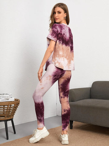 LUNE Tie Dye Drop Shoulder Top & Leggings Set shein