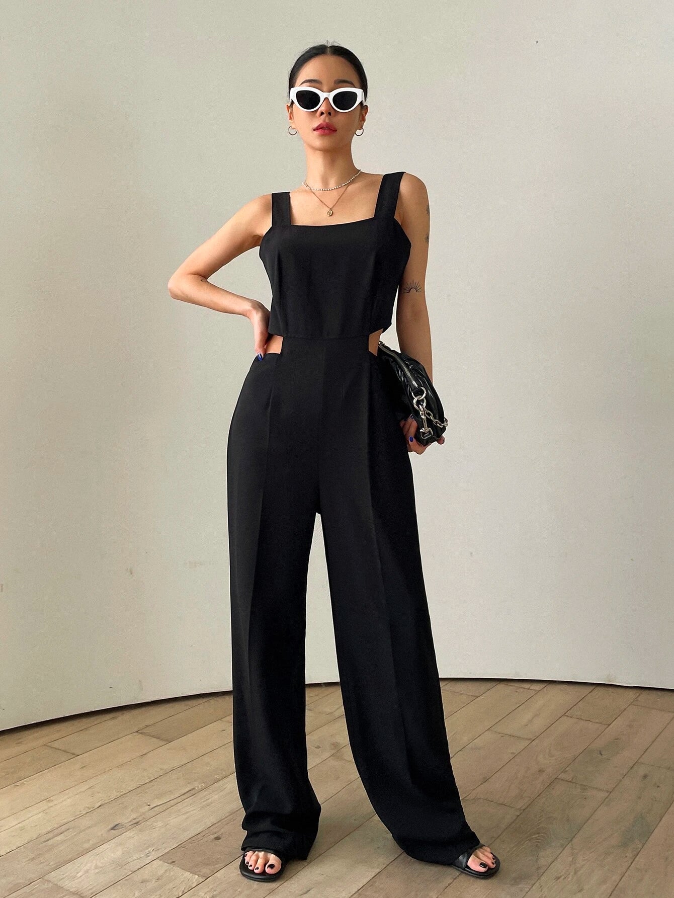 DAZY Solid Cut Out Waist Slant Pocket Zip Back Cami Jumpsuit shein