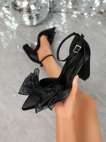 Bow Decor Point Toe Chunky Heeled Ankle Strap Pumps shein