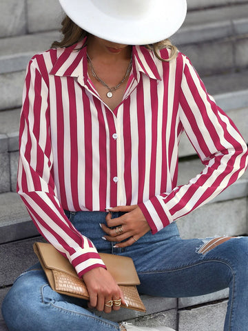 Clasi Vertical Striped Print Button Up Shirt shein