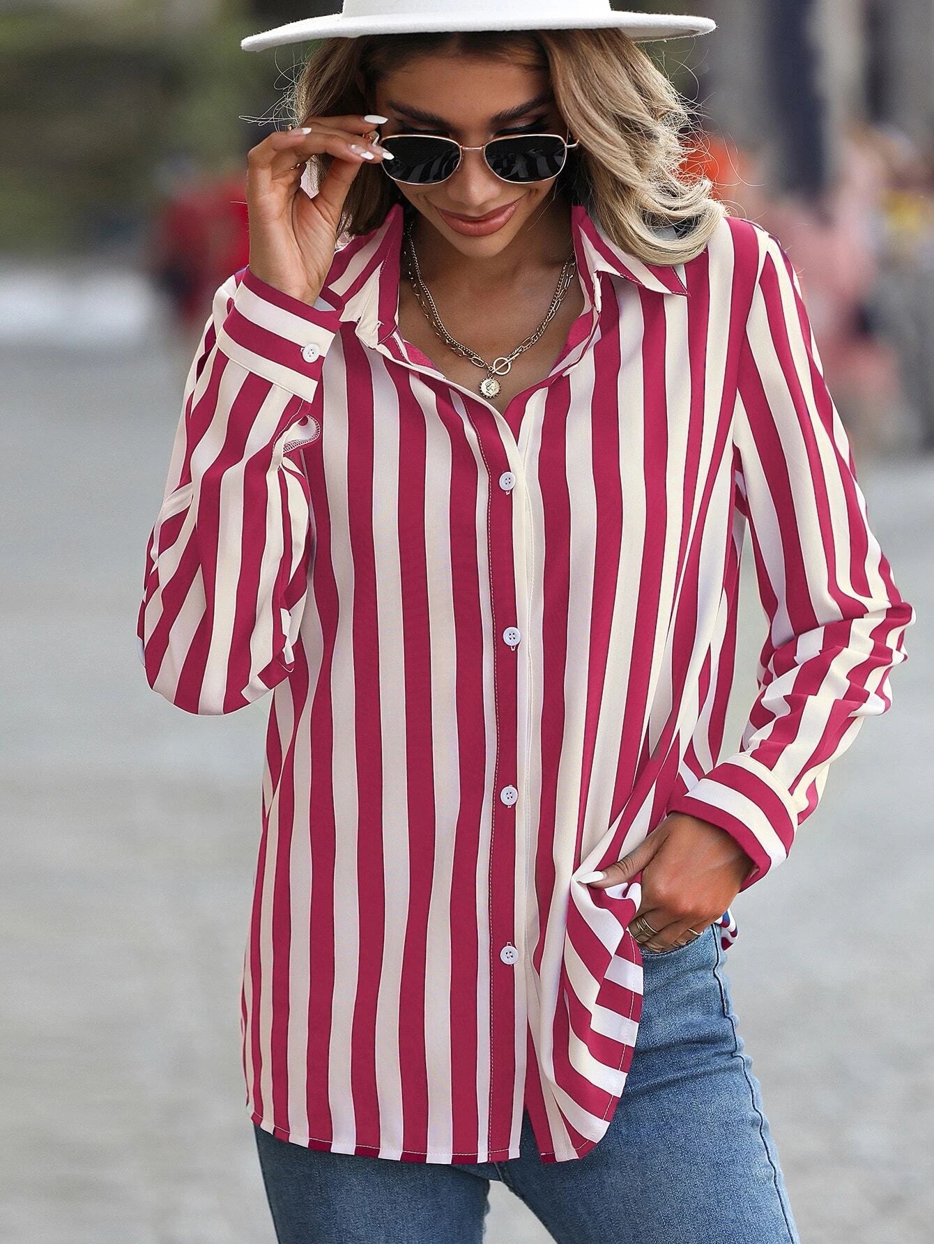 Clasi Vertical Striped Print Button Up Shirt shein