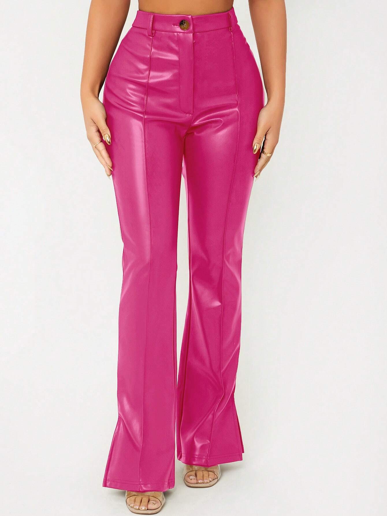 SXY Split Hem PU Leather Flare Leg Pants shein