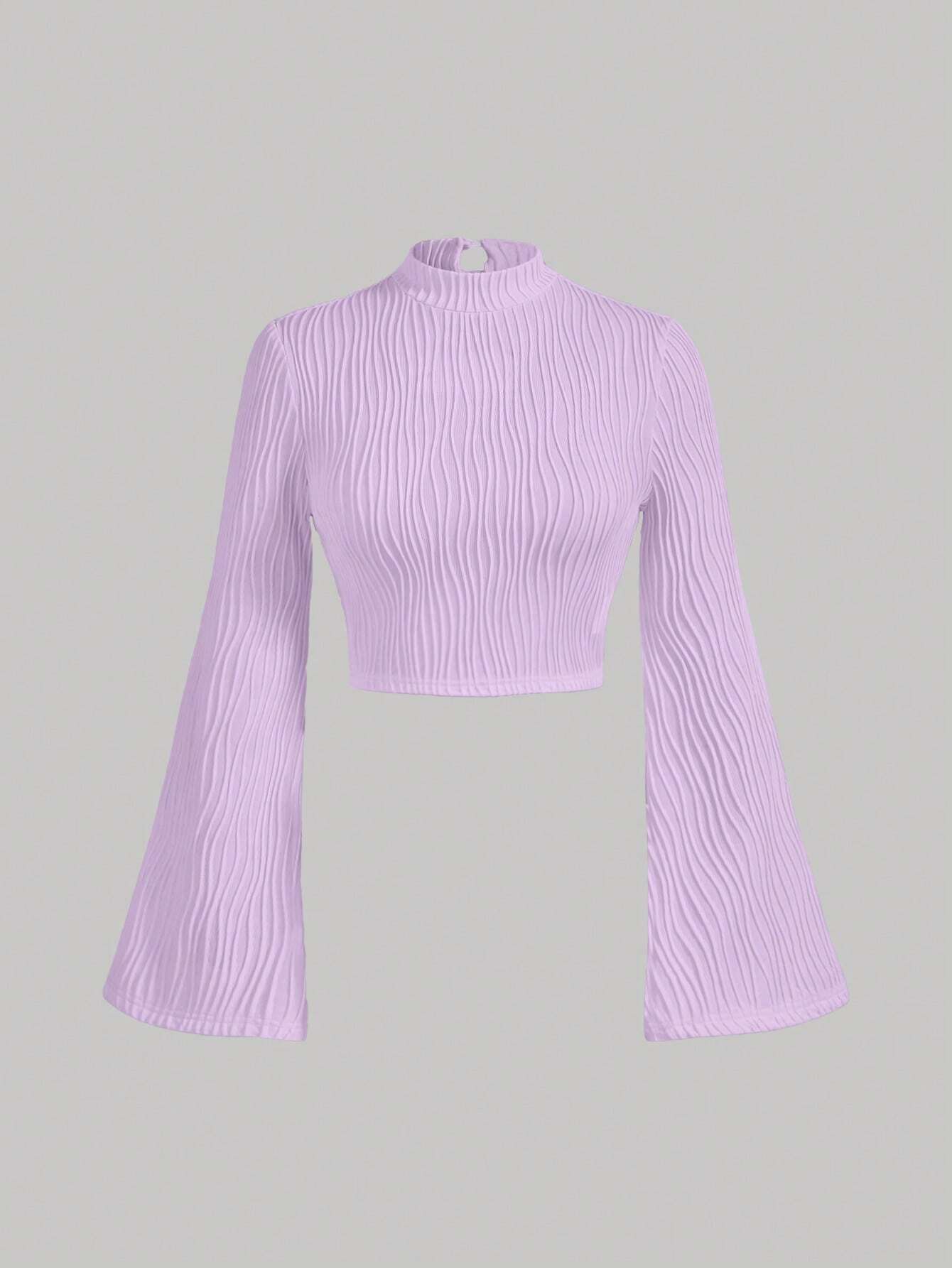 MOD Mock Neck Wave Jacquard Texture Long Bell Sleeve Crop Tee shein