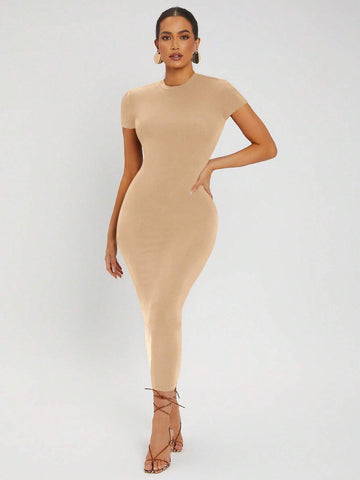 SXY Solid Round Neck Bodycon Dress shein