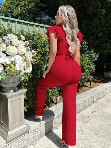 SXY Ruffle Trim Flare Leg Jumpsuit shein