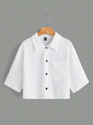 EZwear Solid Button Front Pocket Patched Shirt shein